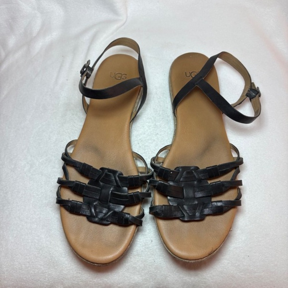 UGG Black Leather Strappy Woven Ankle Strap Flat Sandals Espadrille Trim